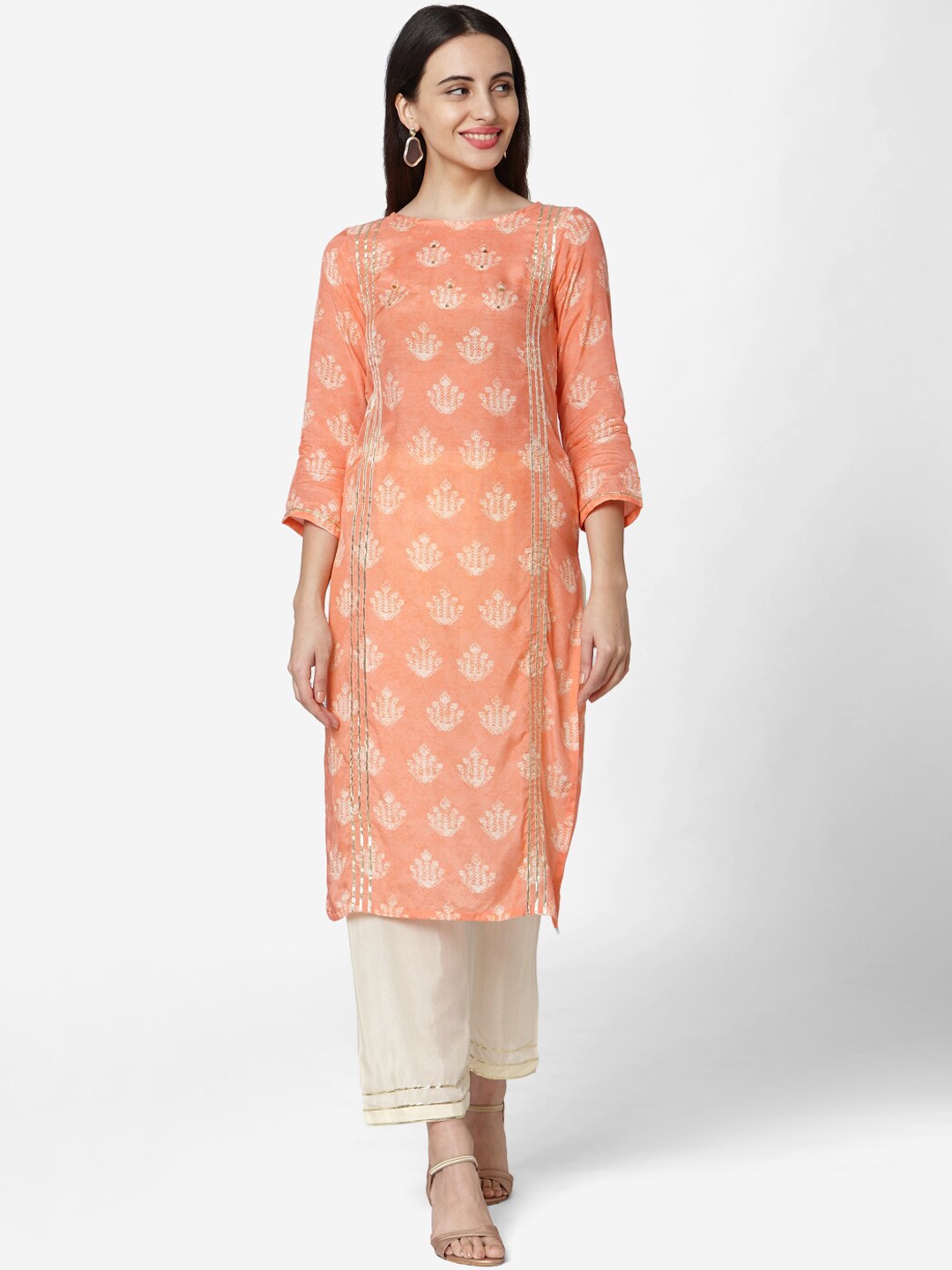 Saanjh Women Orange & Off-White Printed Kurta with Trousers