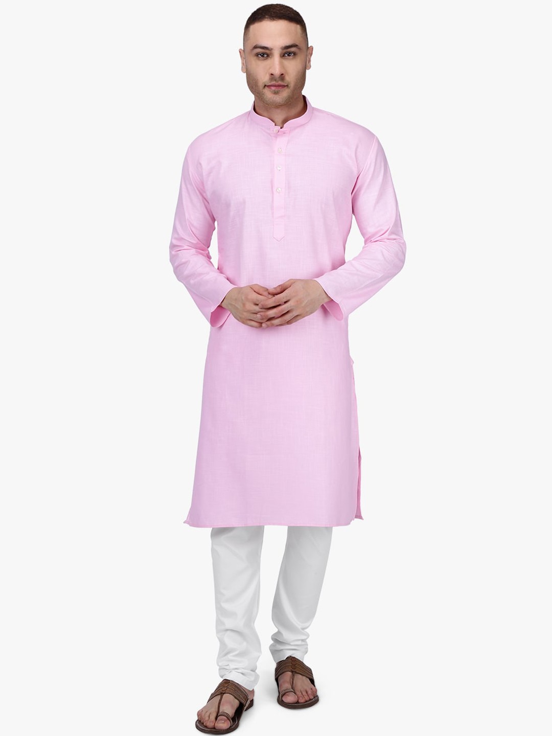 

RAJUBHAI HARGOVINDAS Men Pink & White Solid Kurta with Churidar