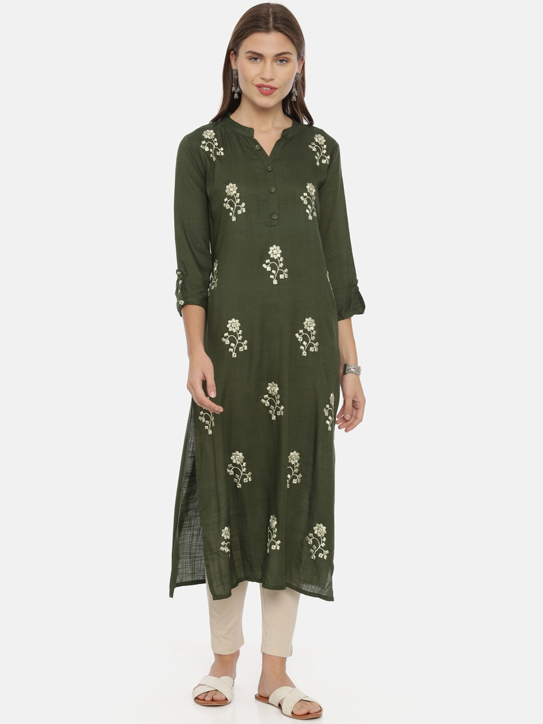 

Neerus Women Olive Green Embroidered A-Line Kurta