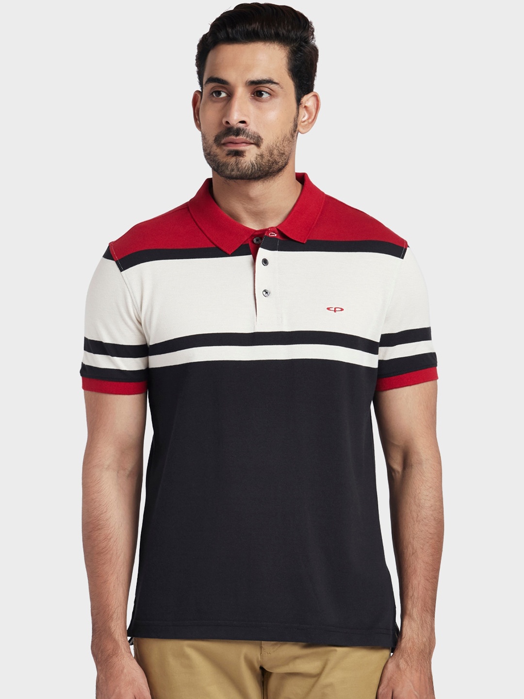 

ColorPlus Men Maroon & Black Striped Polo Collar Slim Fit T-shirt