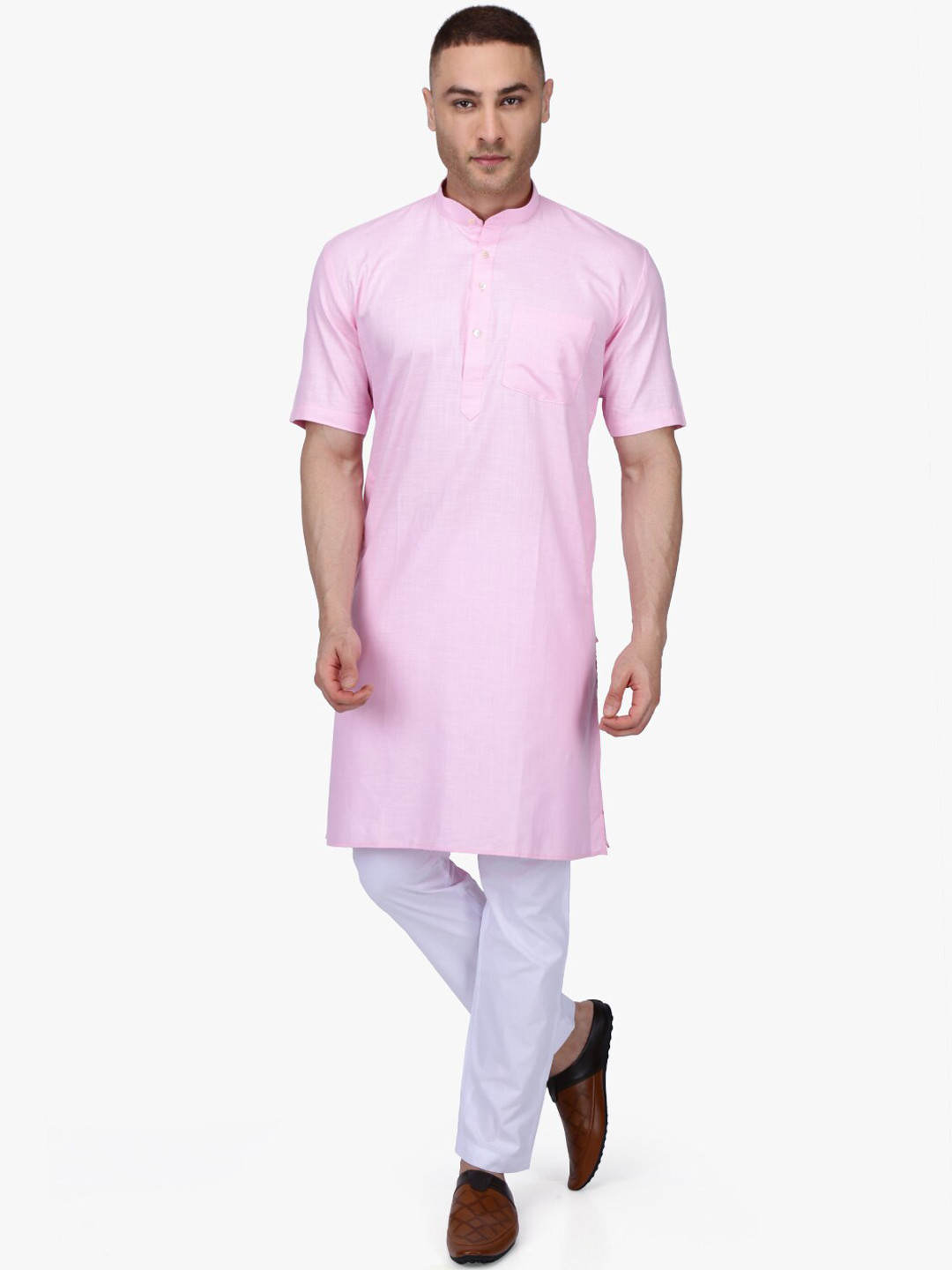 

RAJUBHAI HARGOVINDAS Men Pink Yoke Design Straight Kurta