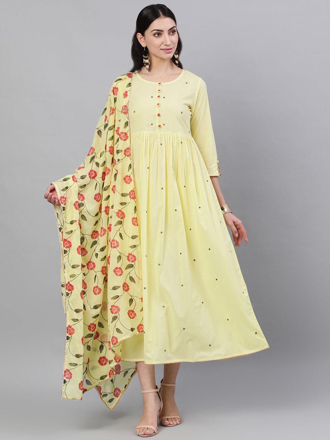 

Nayo Women Yellow Embroidered Maxi Dress with Printed Dupatta