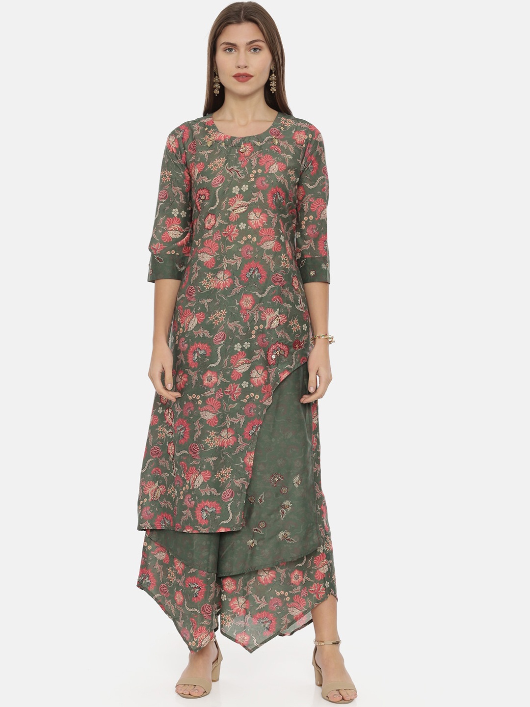 

Neerus Women Green & Pink Printed A-Line Kurta