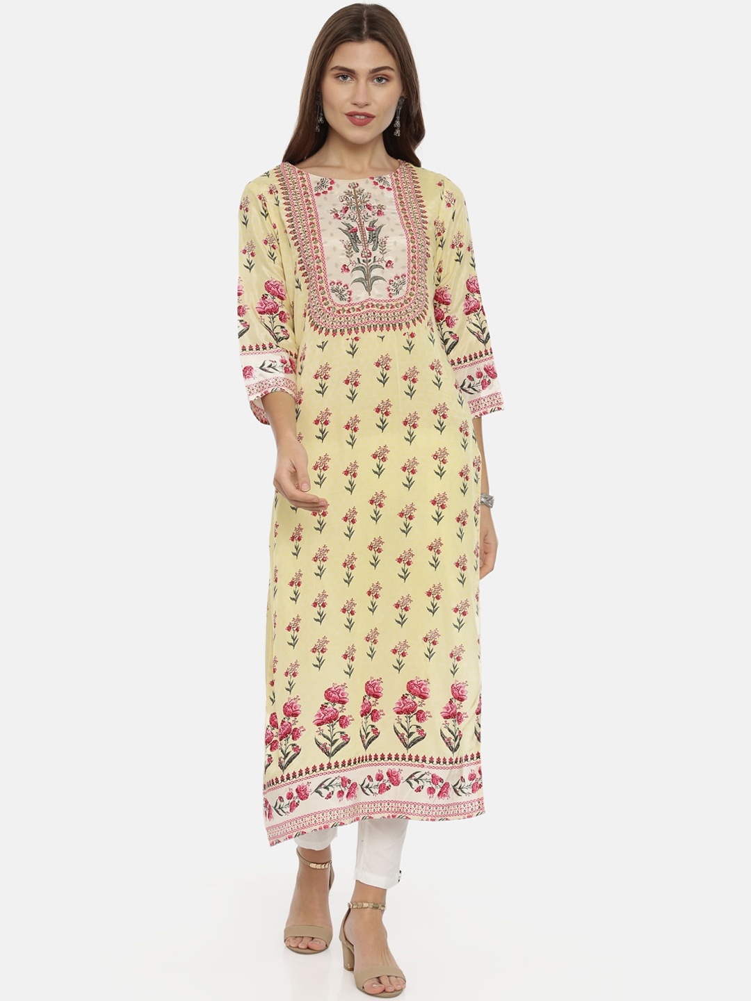 

Neerus Women Yellow & Pink Floral Printed Straight Kurta