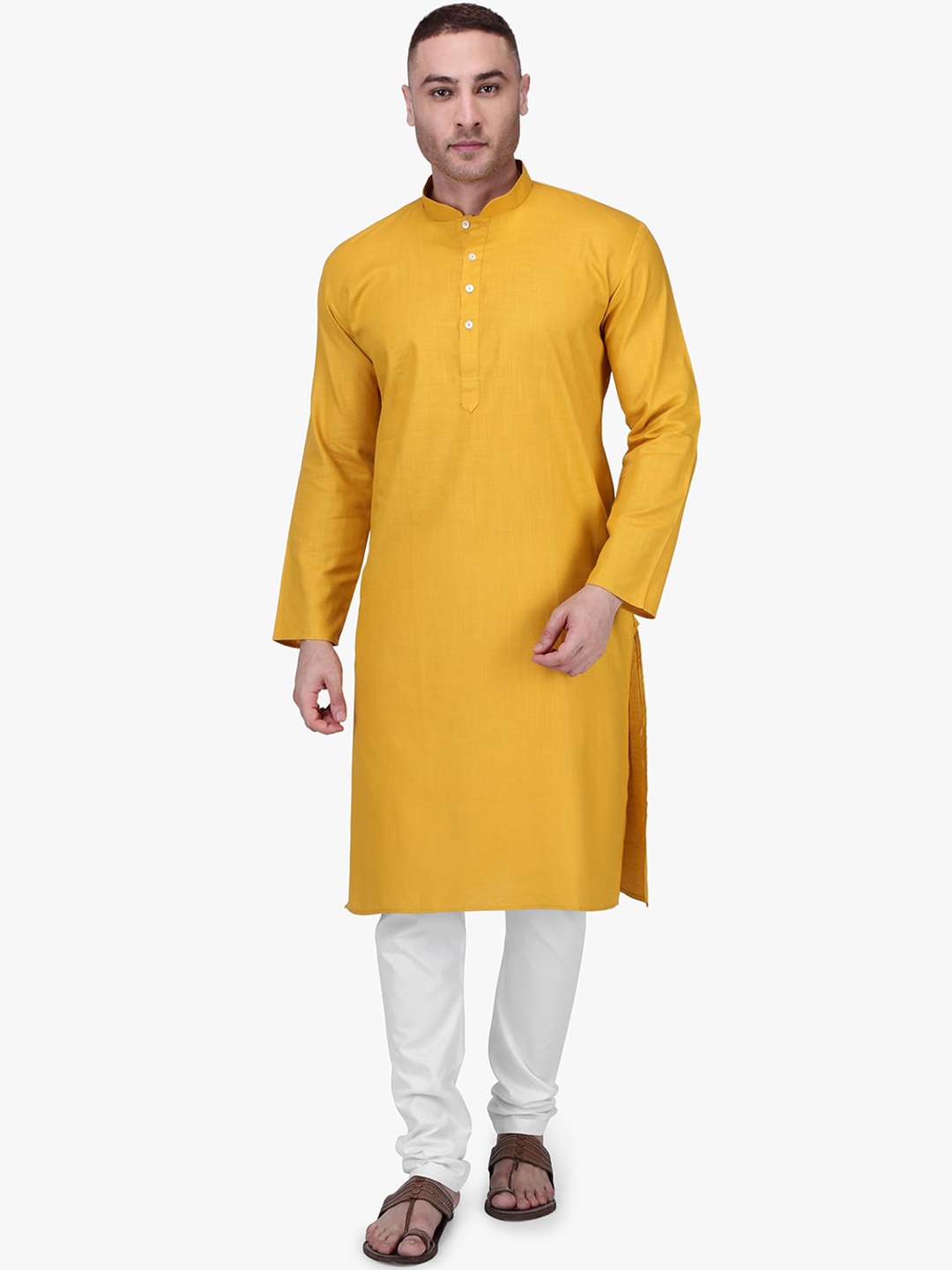 

RAJUBHAI HARGOVINDAS Men Yellow & White Solid Kurta with Churidar