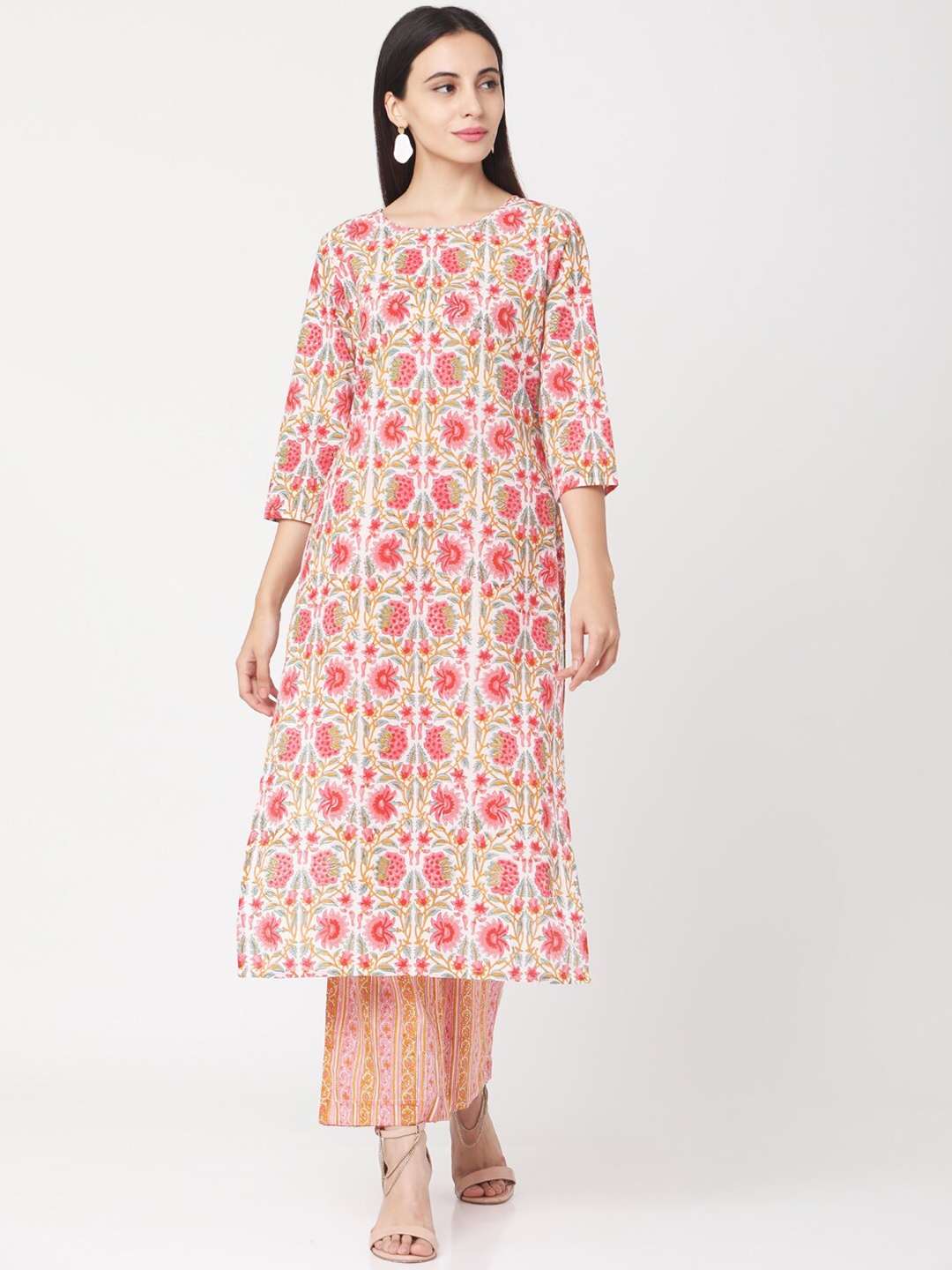 

Saanjh Women White & Pink Printed Kurta with Palazzos