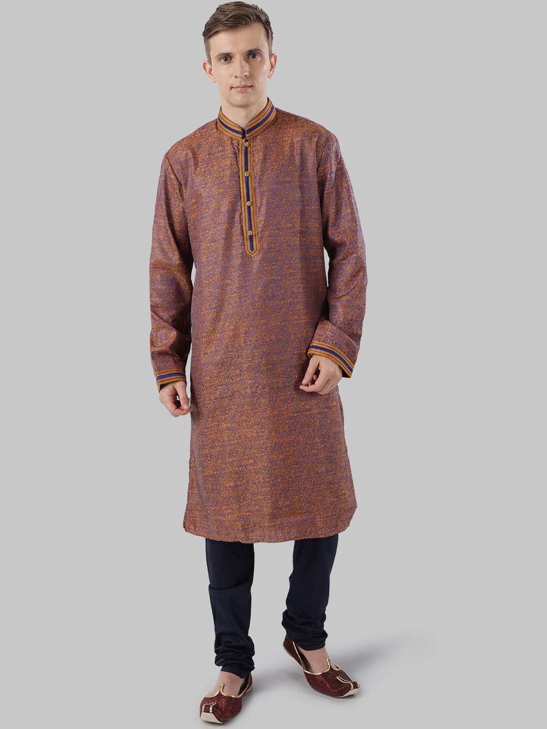 

Ethnix by Raymond Men Orange & Navy Blue Woven Design Straight Kurta