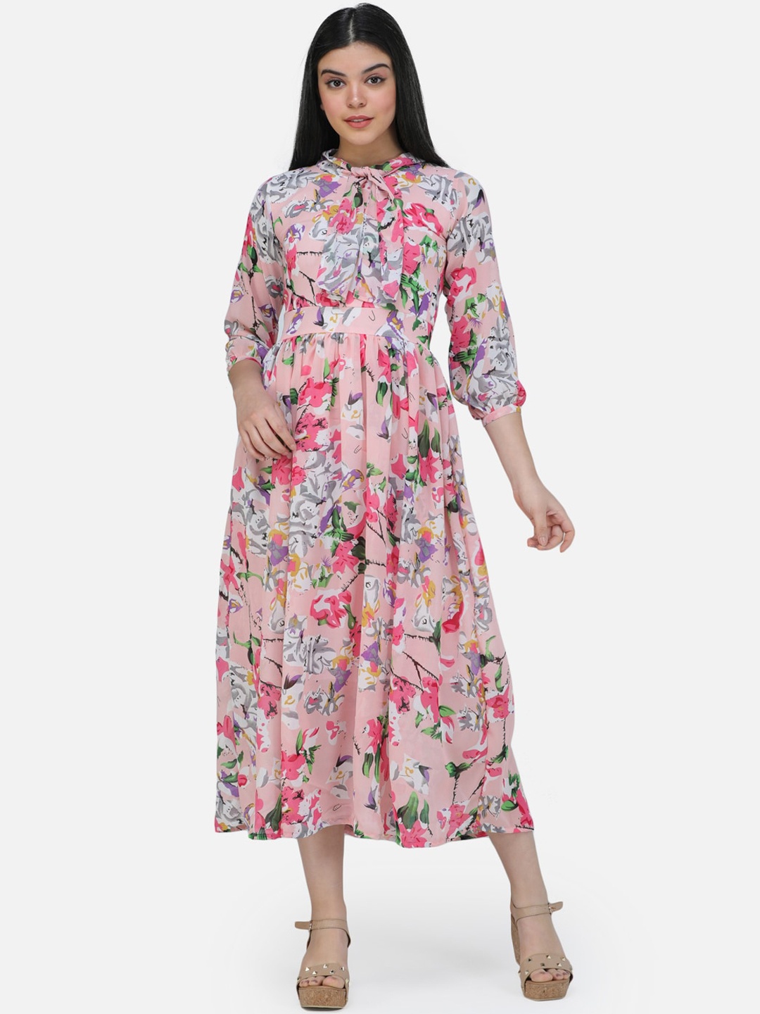 

SCORPIUS Women Pink Printed Fit and Flare Dress