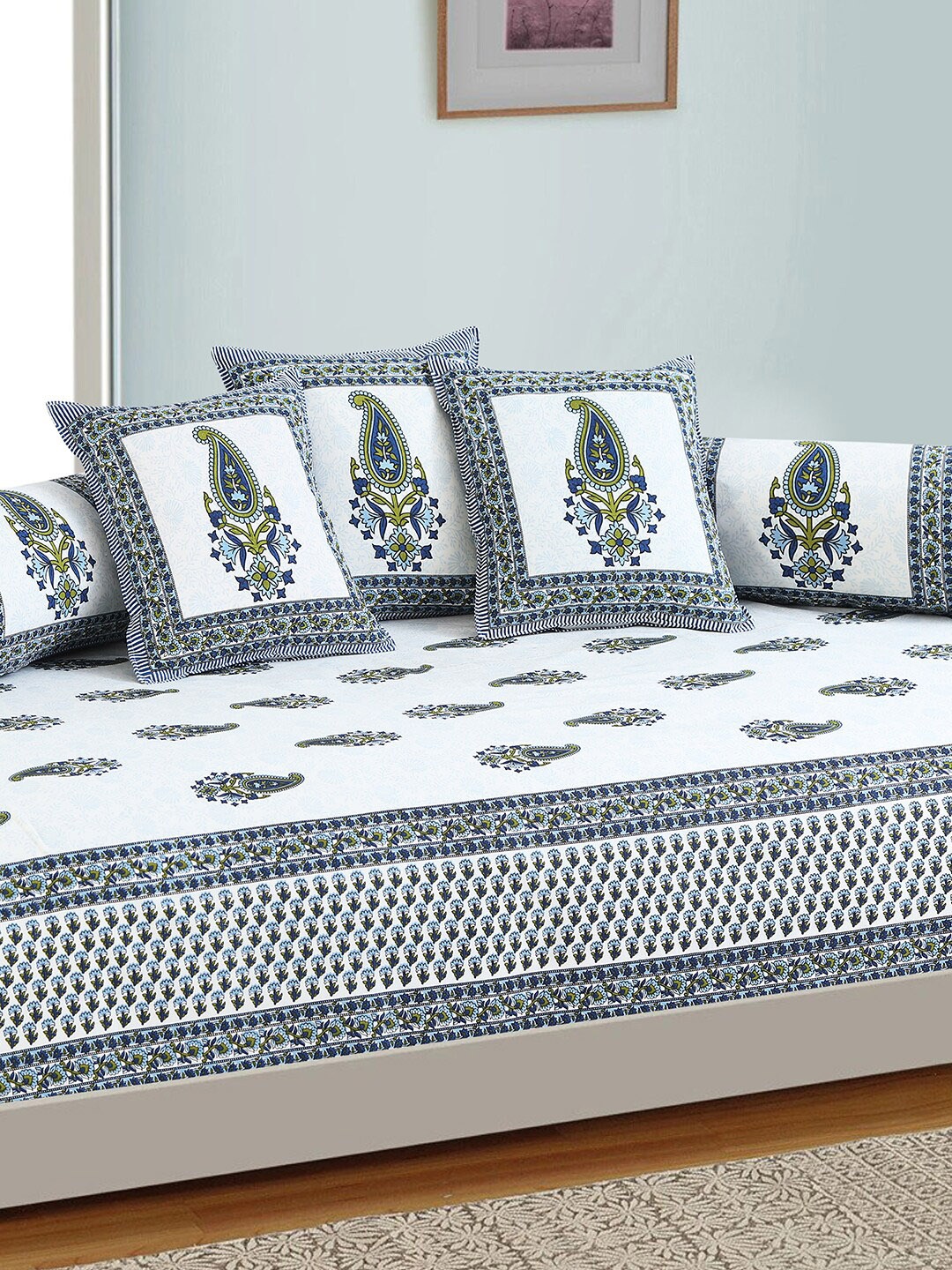 

Salona Bichona Set of 6 Blue & White Ethnic Printed Cotton Diwan