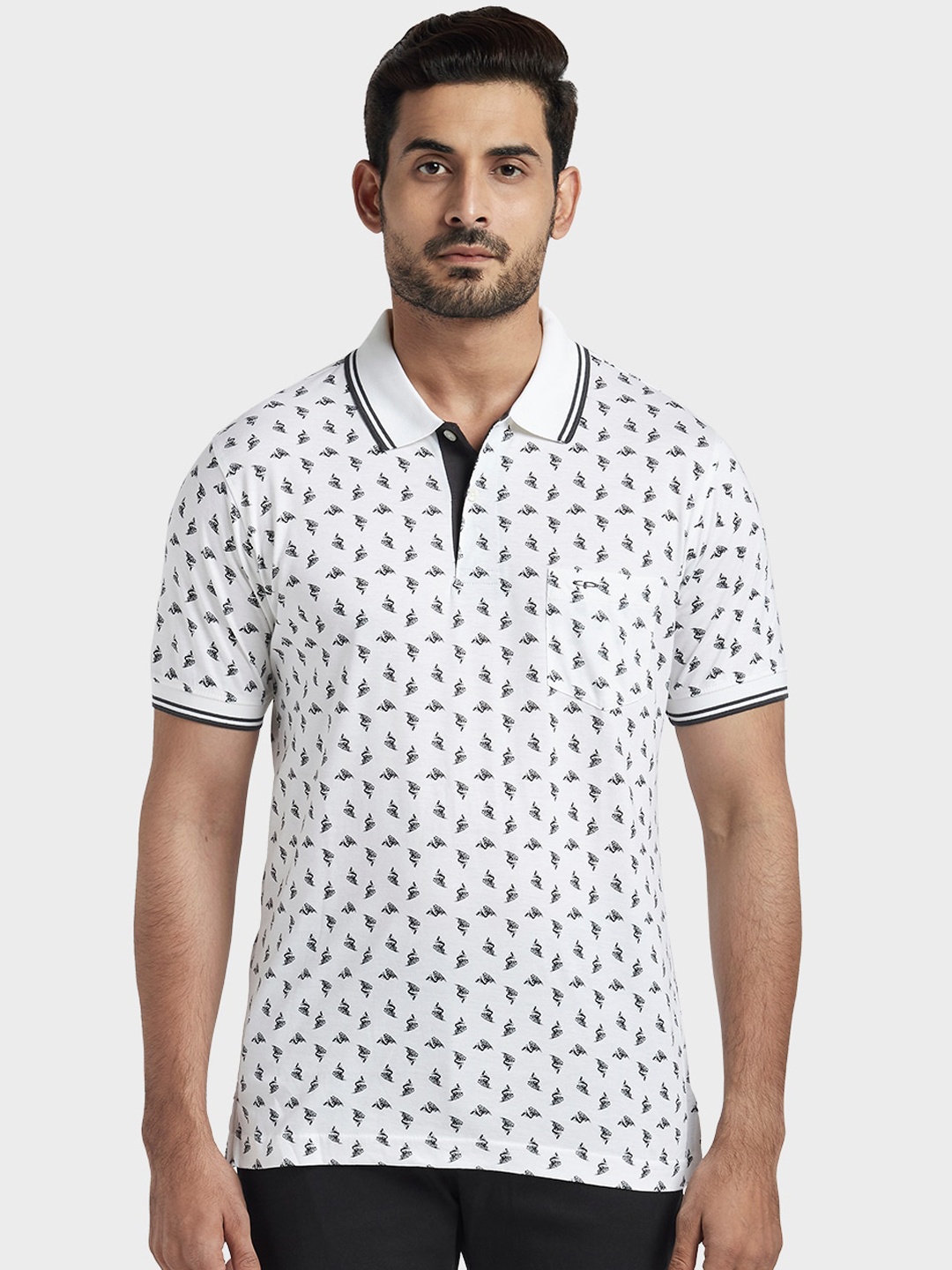 ColorPlus Men White Printed Polo Collar T-shirt
