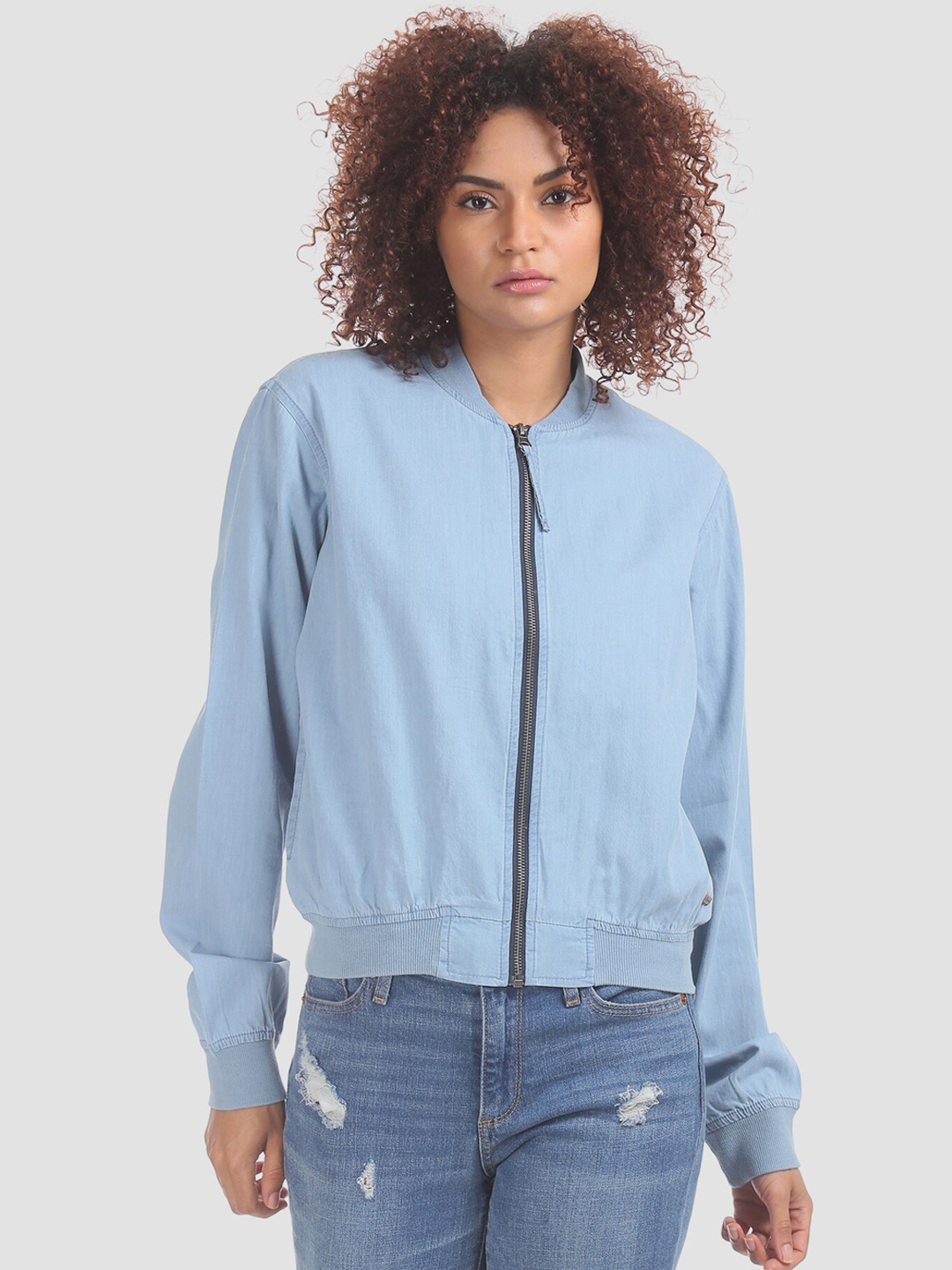 

Flying Machine Women Blue Solid Bomber Jacket