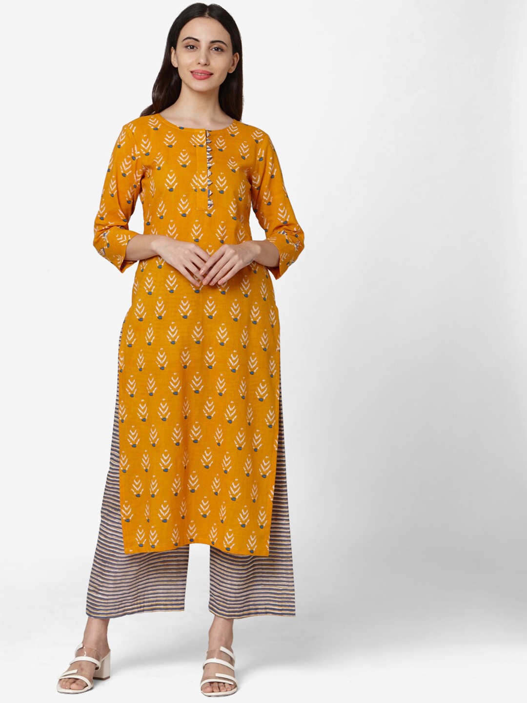 

Saanjh Women Orange & Grey Printed Kurta with Palazzos