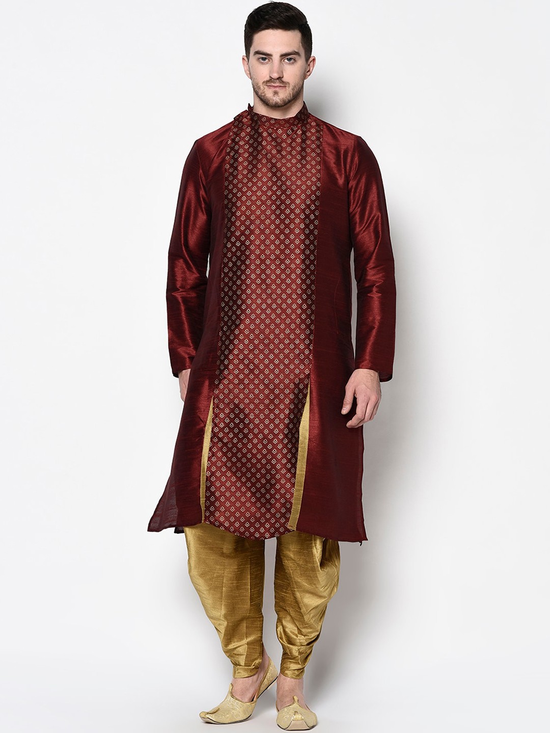 

DEYANN Men Maroon & Beige Woven Design Kurta with Dhoti Pants