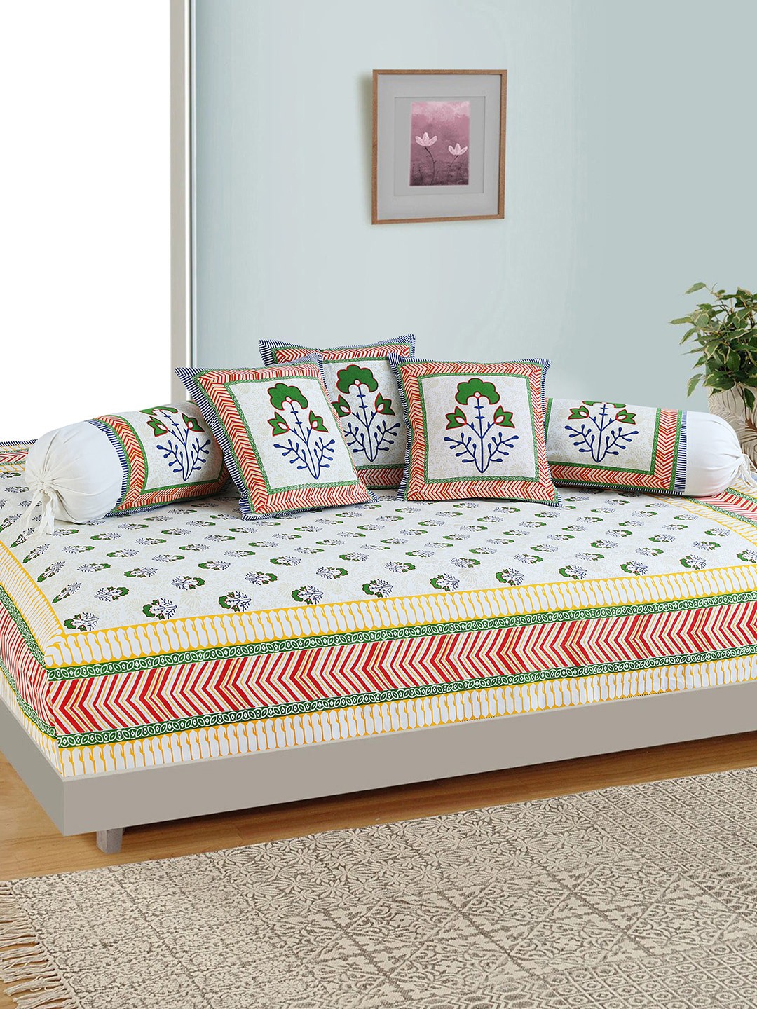 

Salona Bichona Set of 6 Jaipuri Cotton Floral Print Diwan Set, White