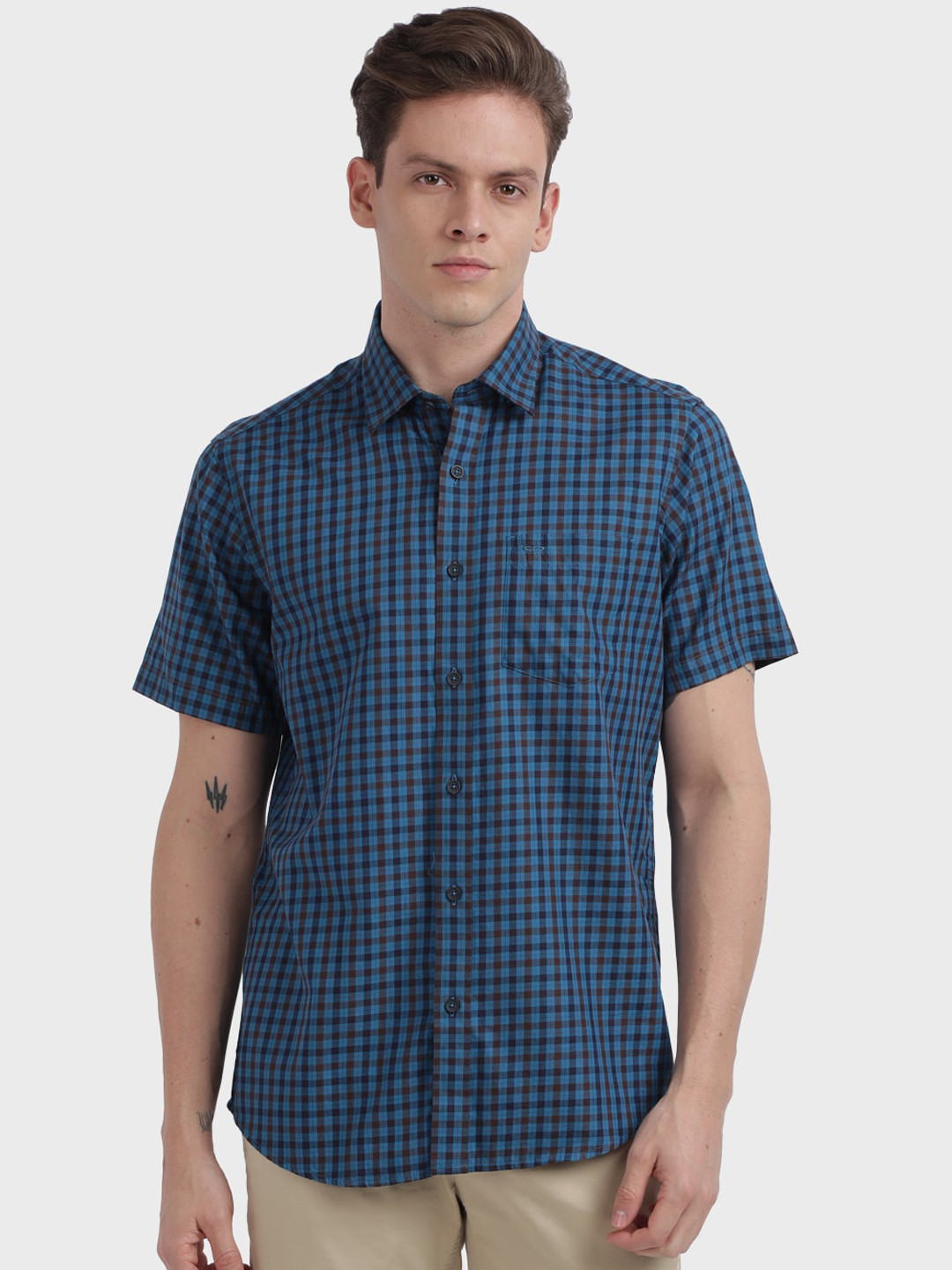 

ColorPlus Men Blue Tailored Fit Checked Casual Shirt