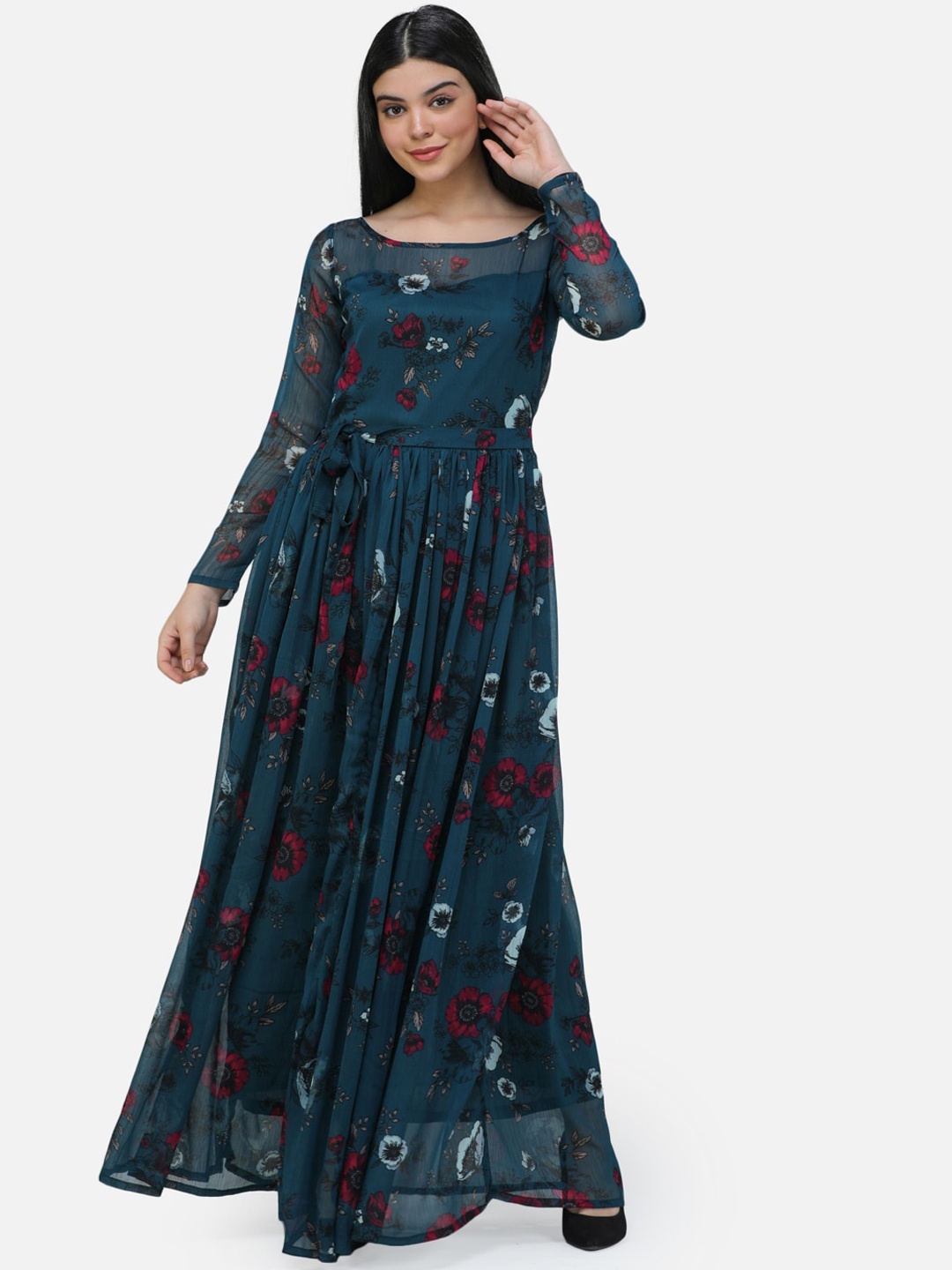 

SCORPIUS Women Teal Green & Red Floral Printed Maxi Dress