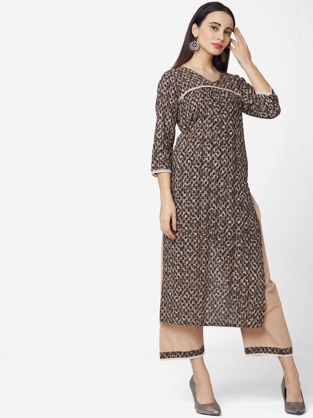 Saanjh Women Brown & Beige Printed Kurta with Trousers