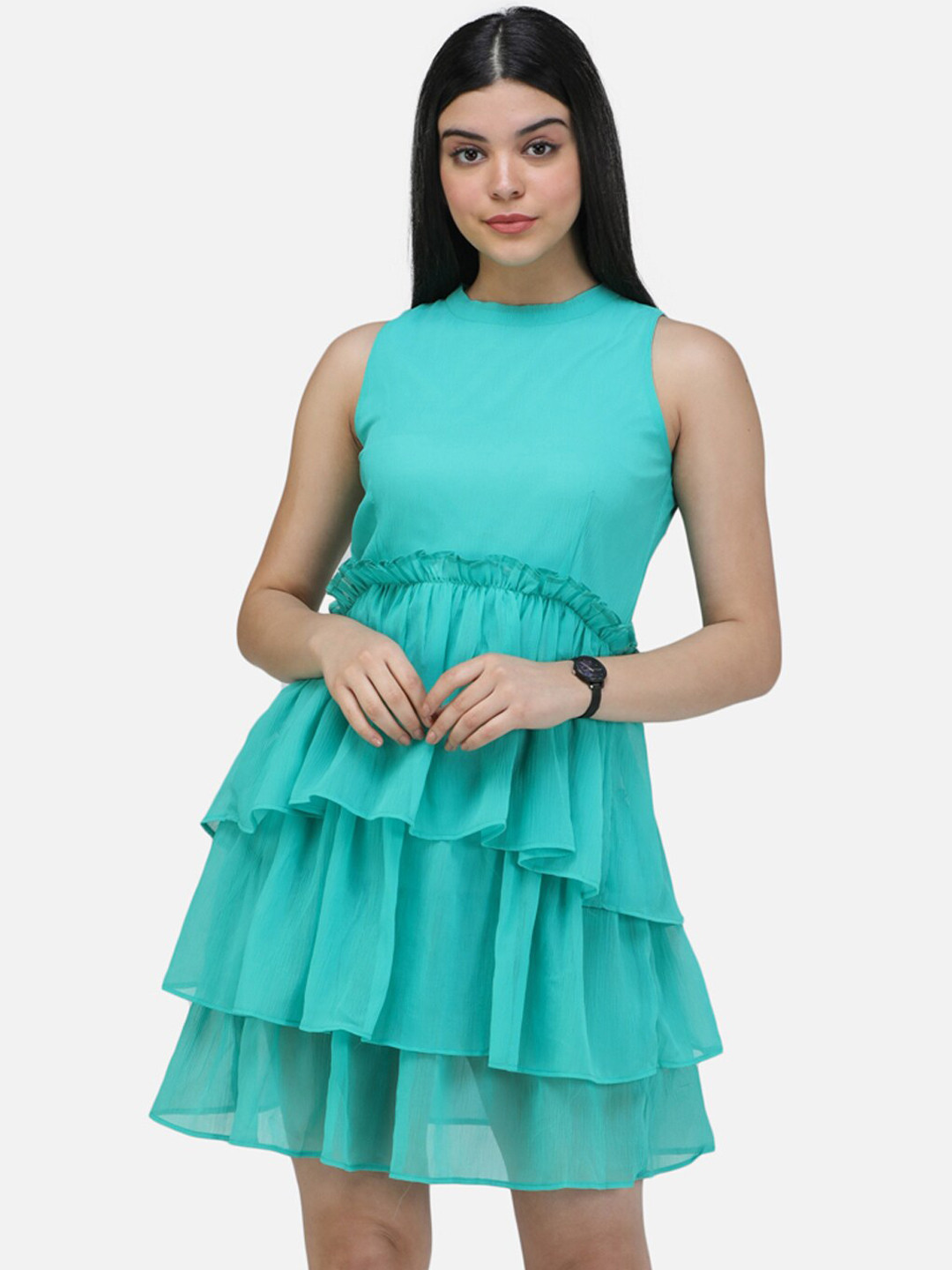 

SCORPIUS Women Sea Green Solid Fit and Flare Dress