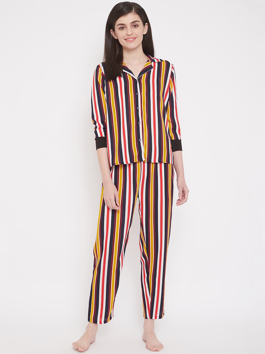 Clovia Women Black & Red Striped Night Suit