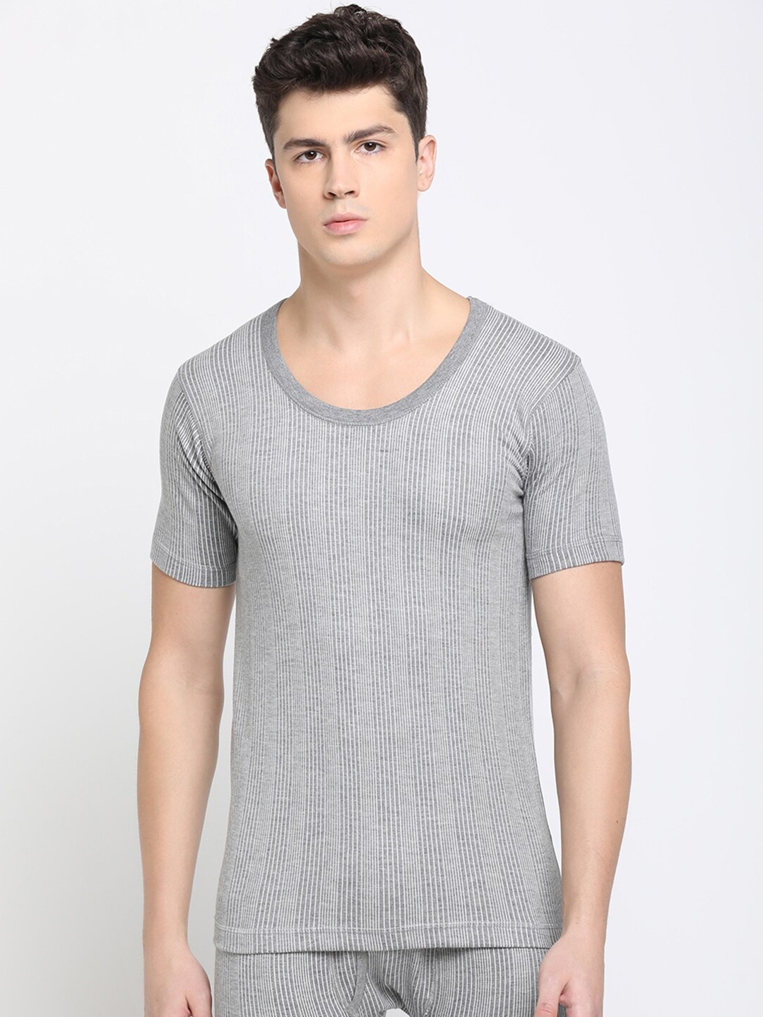 

DIXCY SCOTT Men Grey Melange Striped Thermal T-shirt