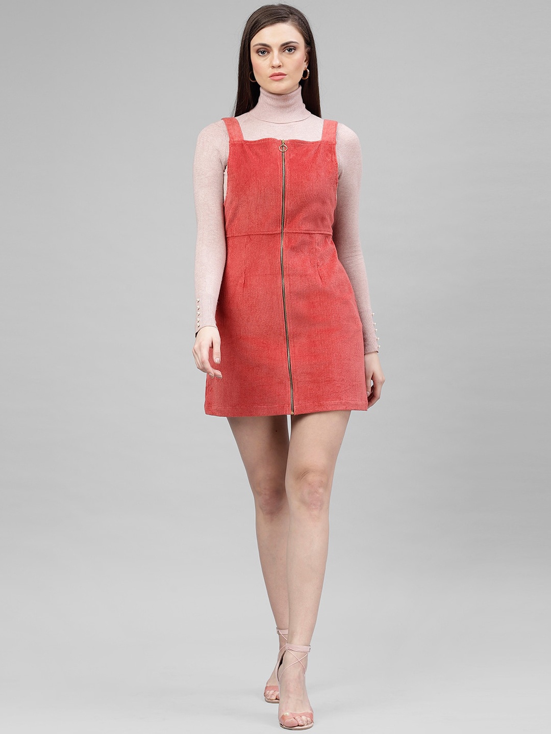 

KASSUALLY Women Rust Orange Solid Pinafore Dress