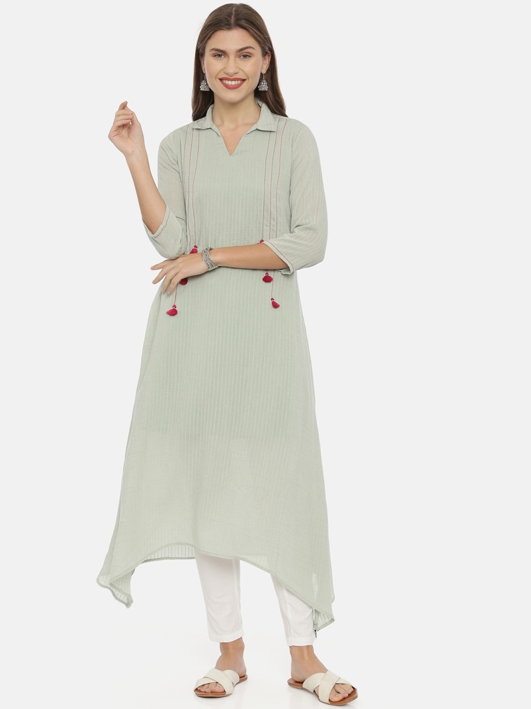 

Neerus Women Green Striped A-Line Kurta
