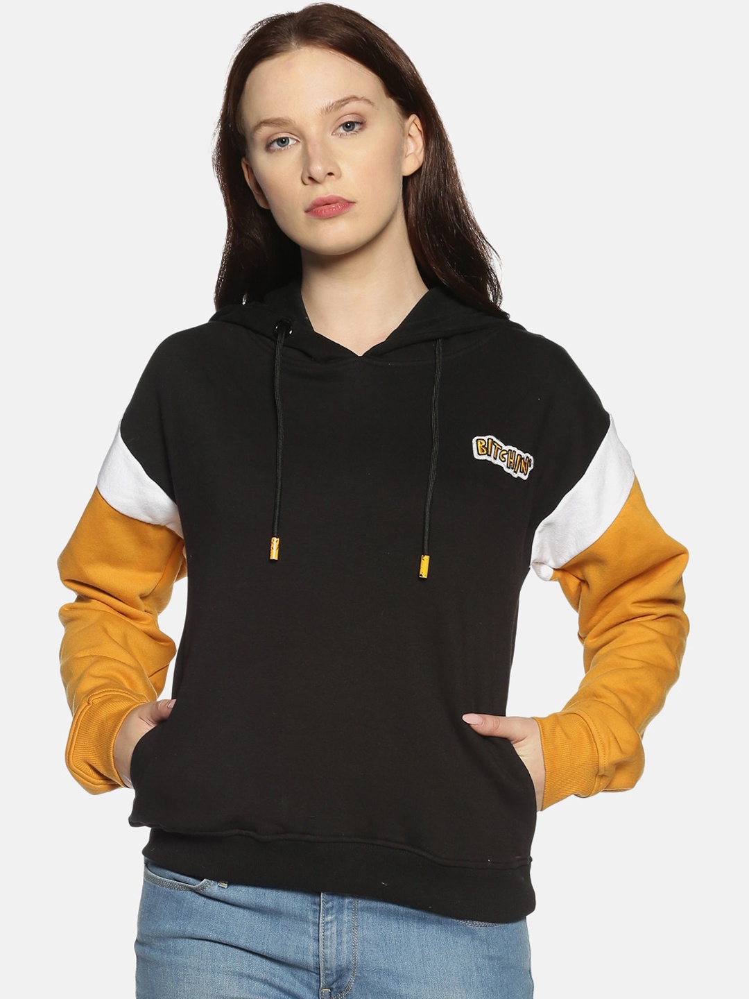 Campus Sutra Women Black & Mustard Colourblocked Hooded Sweatshirt