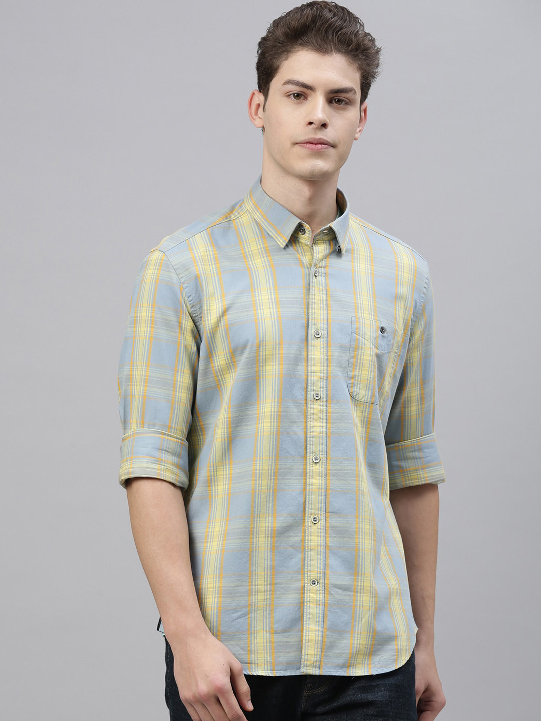 

RARE RABBIT Men Prima Regular Fit Checked Shirt, Yellow