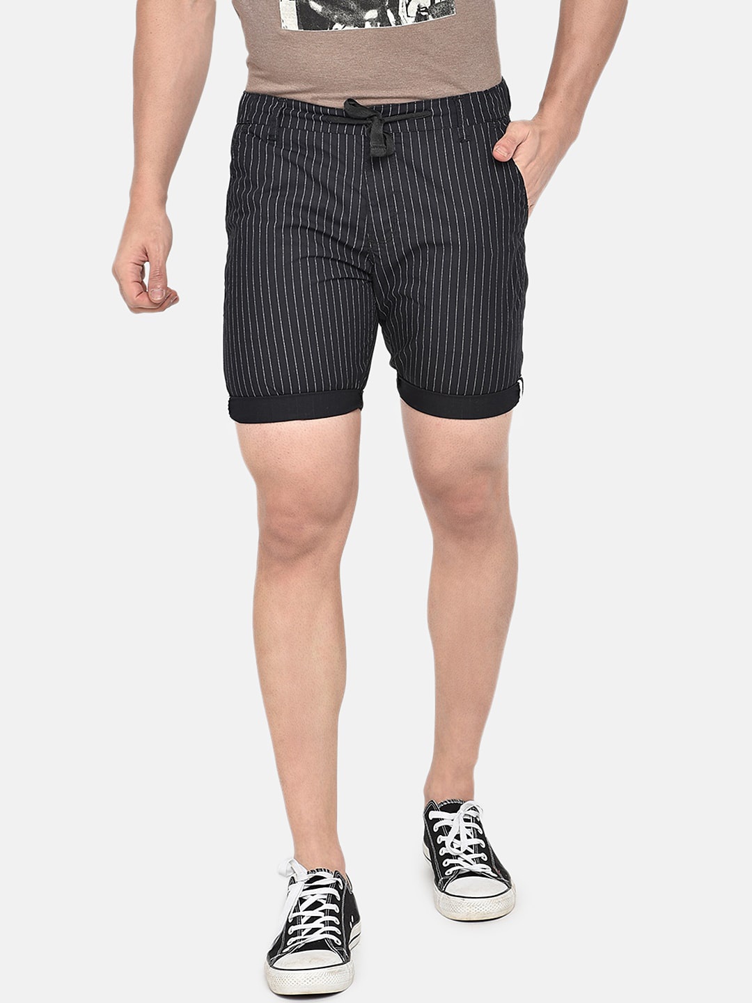 beevee Men Black Striped Cotton Regular Shorts