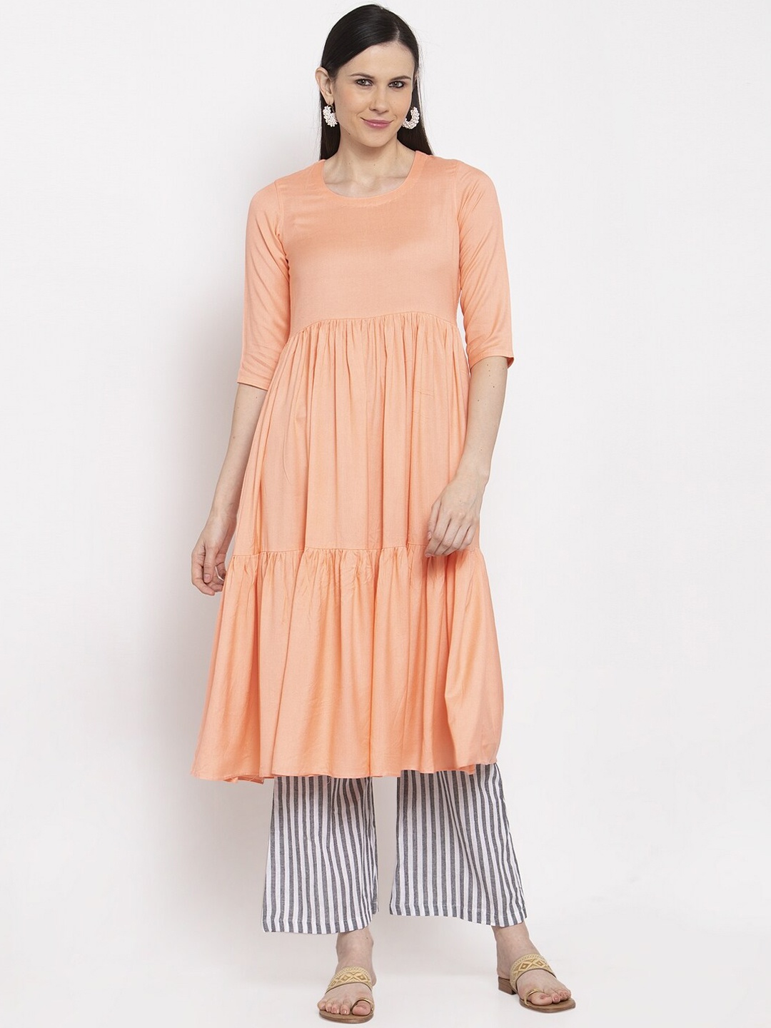 

DUGRI BE THE ONE Women Peach-Coloured & Grey Striped Kurta with Palazzos