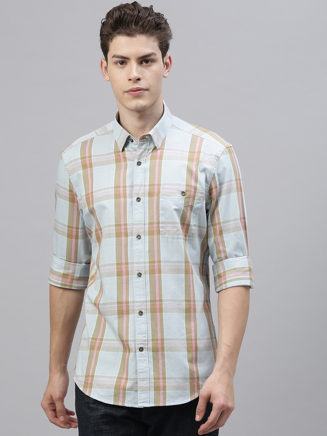 

RARE RABBIT Men Blue & Brown Tailored Fit Checked Casual Shirt