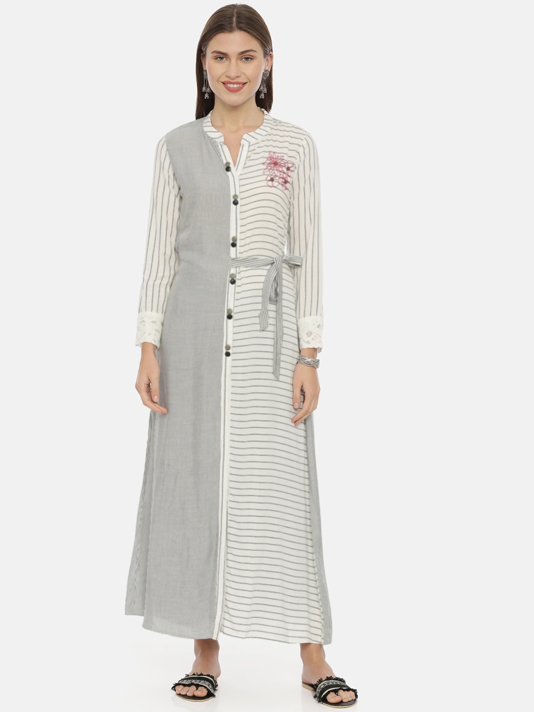 

Neerus Women Grey & Off-White Striped Ethnic Maxi Dress