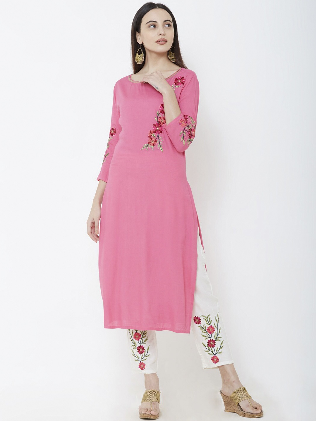 

FASHOR Women Pink & Off-White Solid Kurta with Trousers