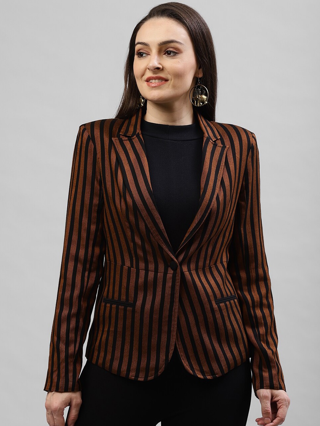 

KASSUALLY Women Brown & Black Striped Single-Breasted Pure Cotton Blazer