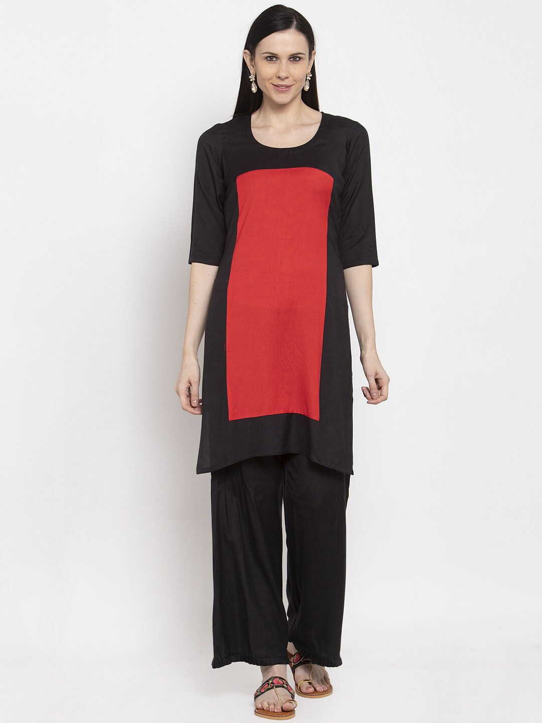 

DUGRI BE THE ONE Women Black & Red Colourblocked Kurta with Palazzos