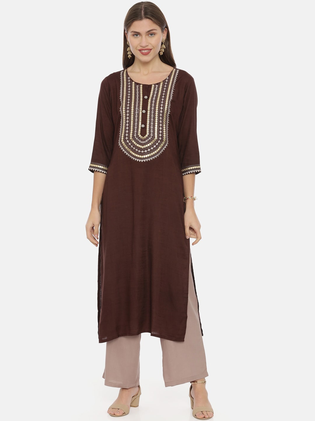 

Neerus Women Brown Yoke Design Straight Kurta