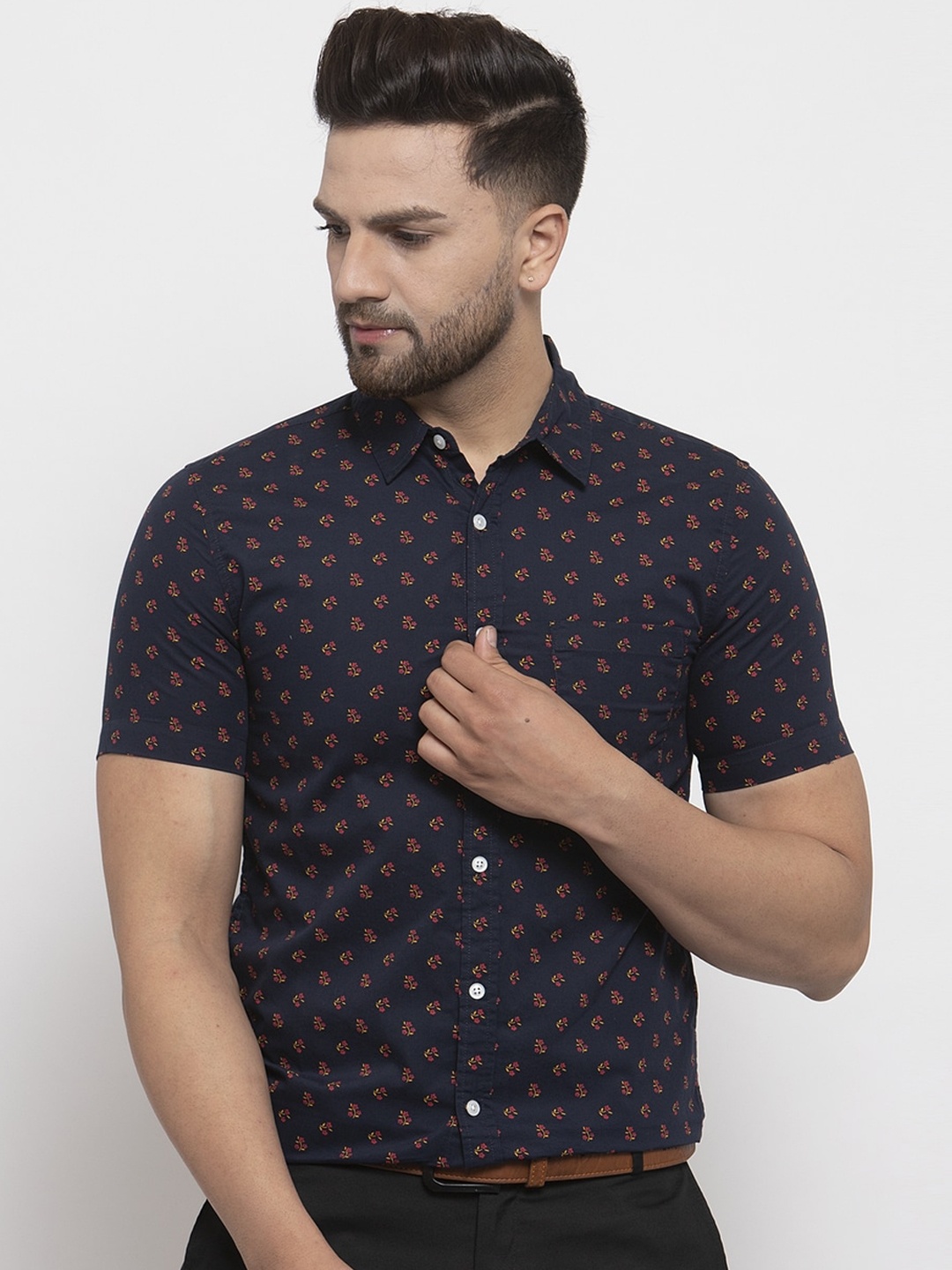 

Purple State Men Navy Blue & Brown Slim Fit Printed Casual Shirt