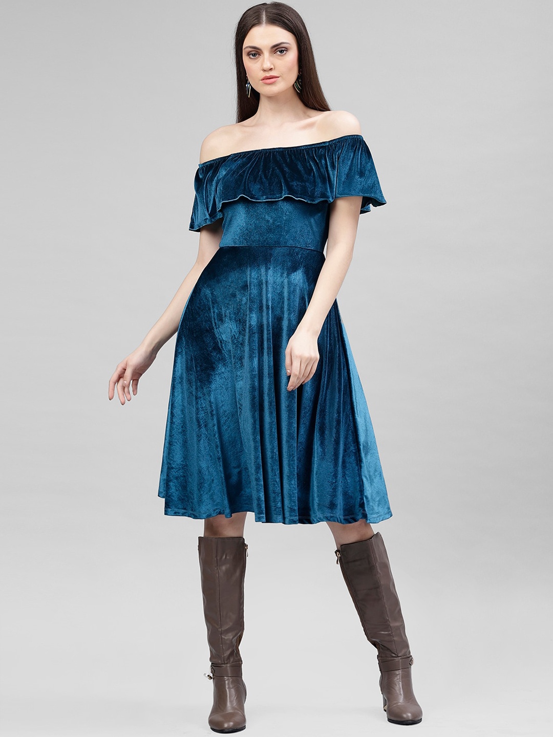 

KASSUALLY Women Teal Blue Solid Off Shoulder Fit and Flare Dress