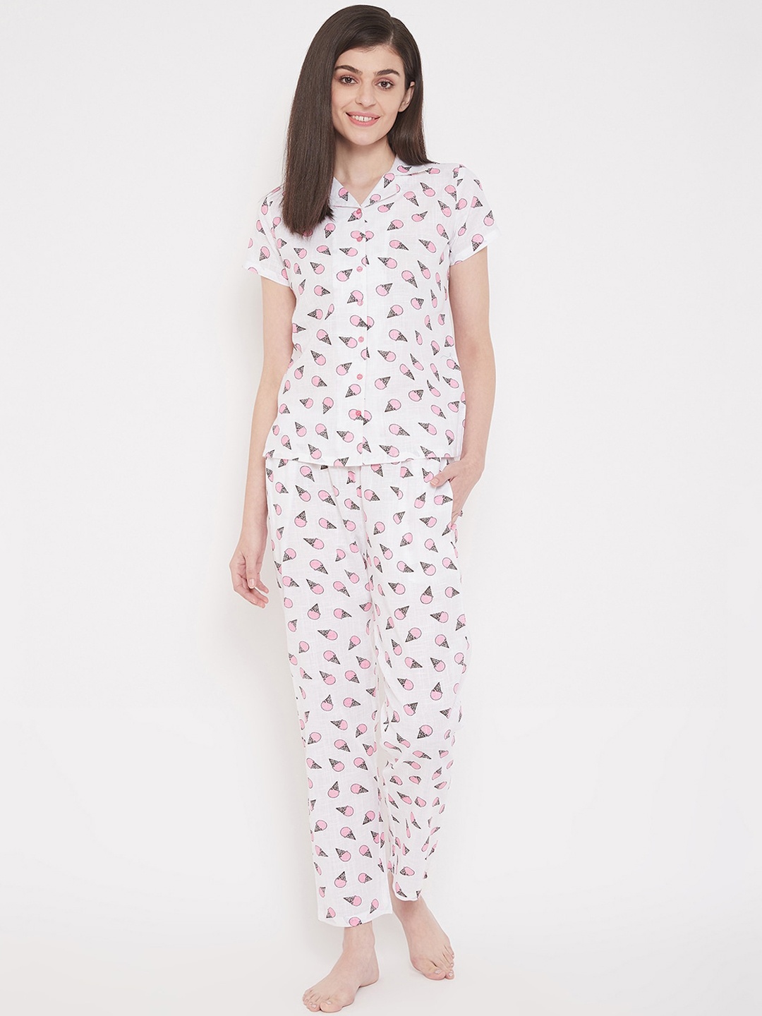 

Clovia Women Ice Cream Print Pure Cotton Night Suit, White