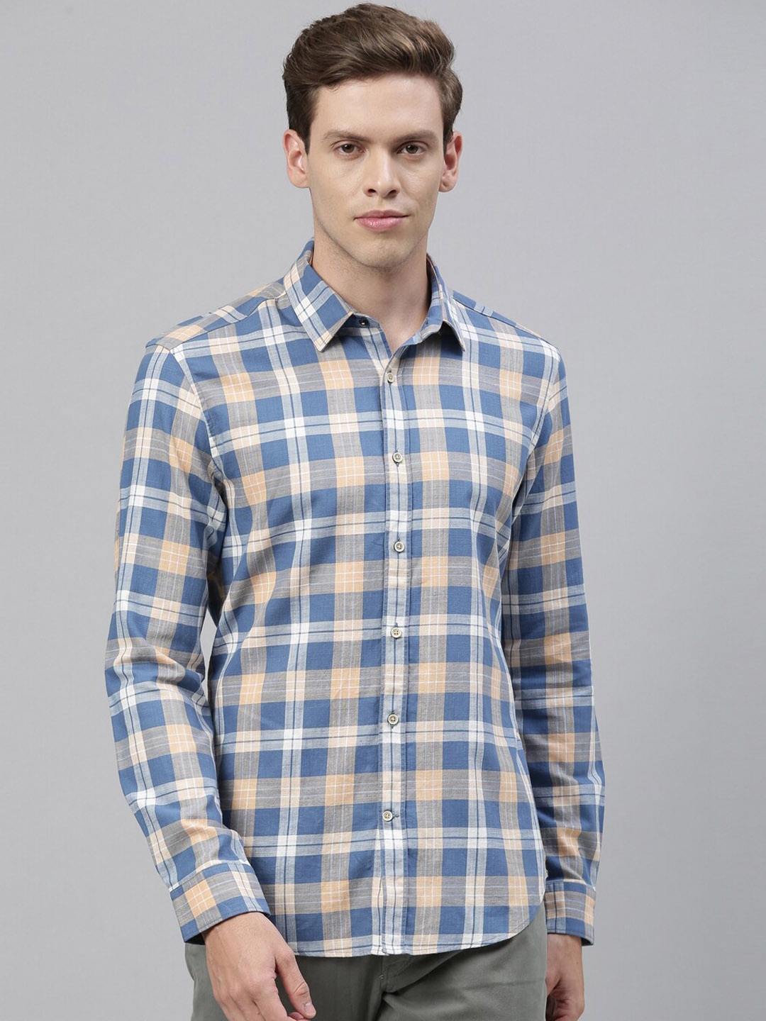 RARE RABBIT Men Yellow & Blue Tailored Fit Checked Casual Shirt