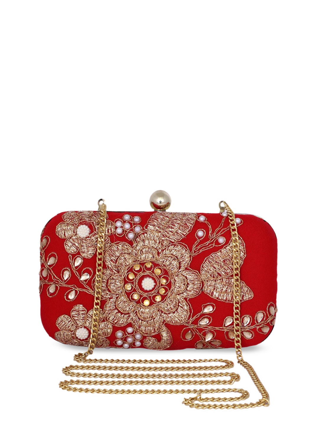 REZZY Women Red & Gold-Coloured Embroidered Box Clutch