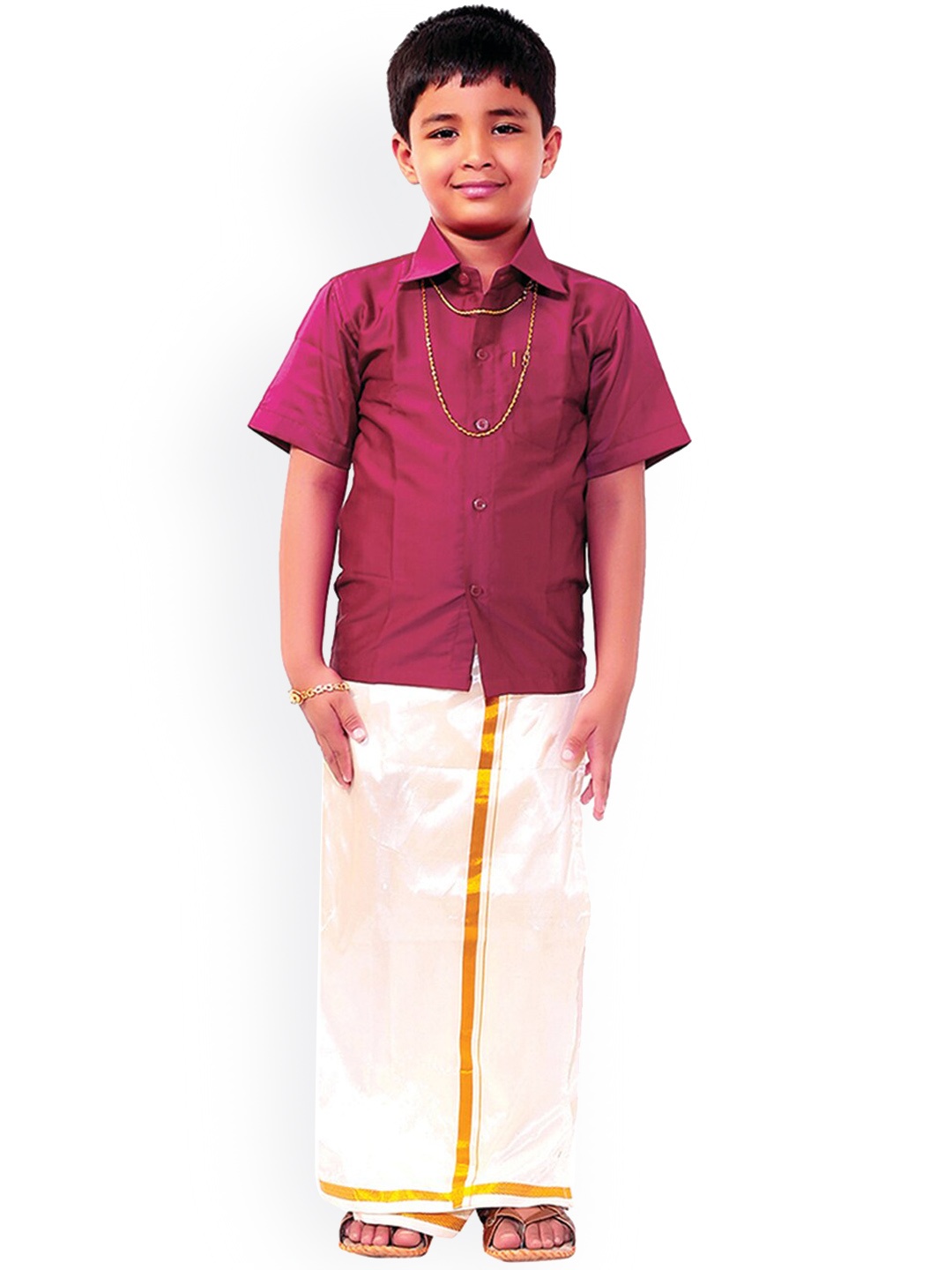 

Thangamagan Boys Pink & Off-White Solid Shirt and Veshti