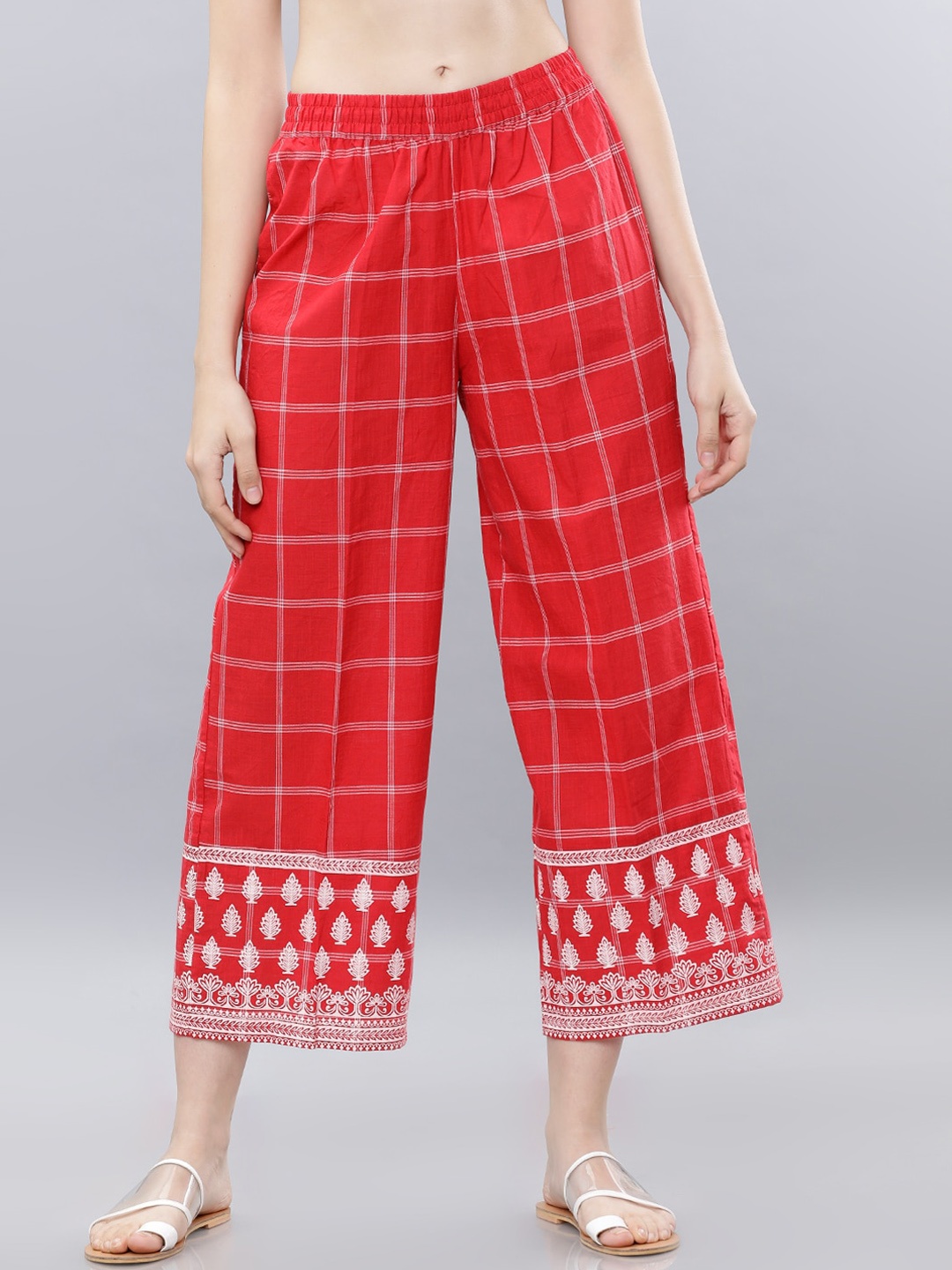 

Vishudh Women Red & White Checked Wide Leg Palazzos
