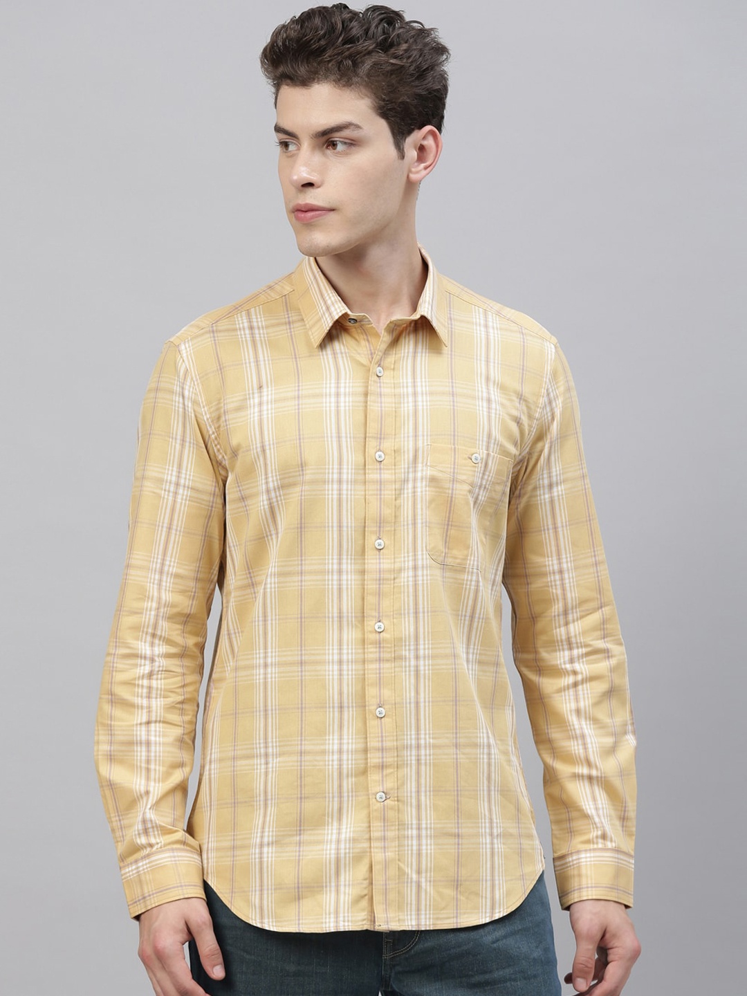 

RARE RABBIT Men Yellow & Off-White Tailored Fit Checked Casual Shirt