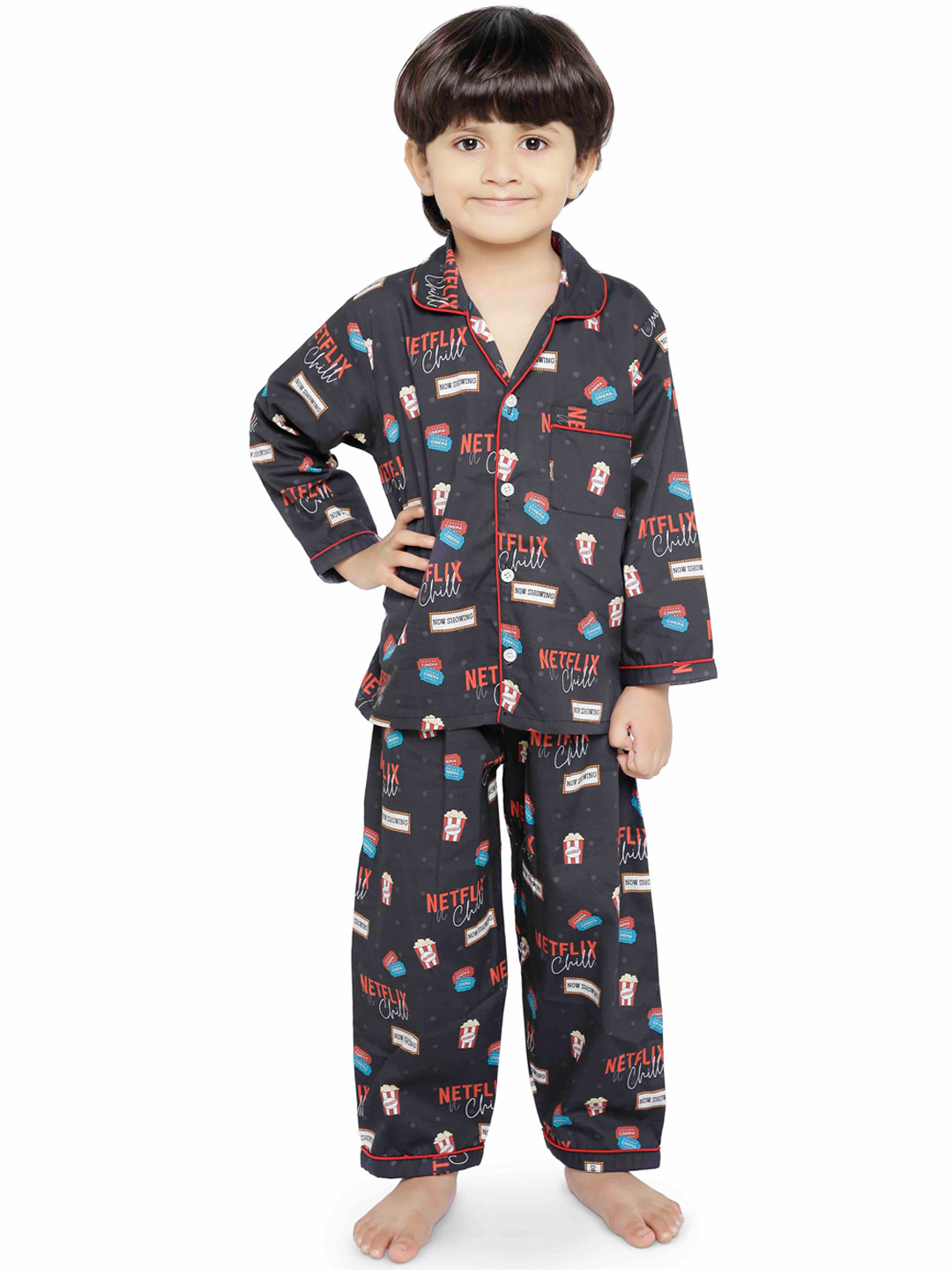 

Knitting Doodles Kids Black & Red Printed Night Suit