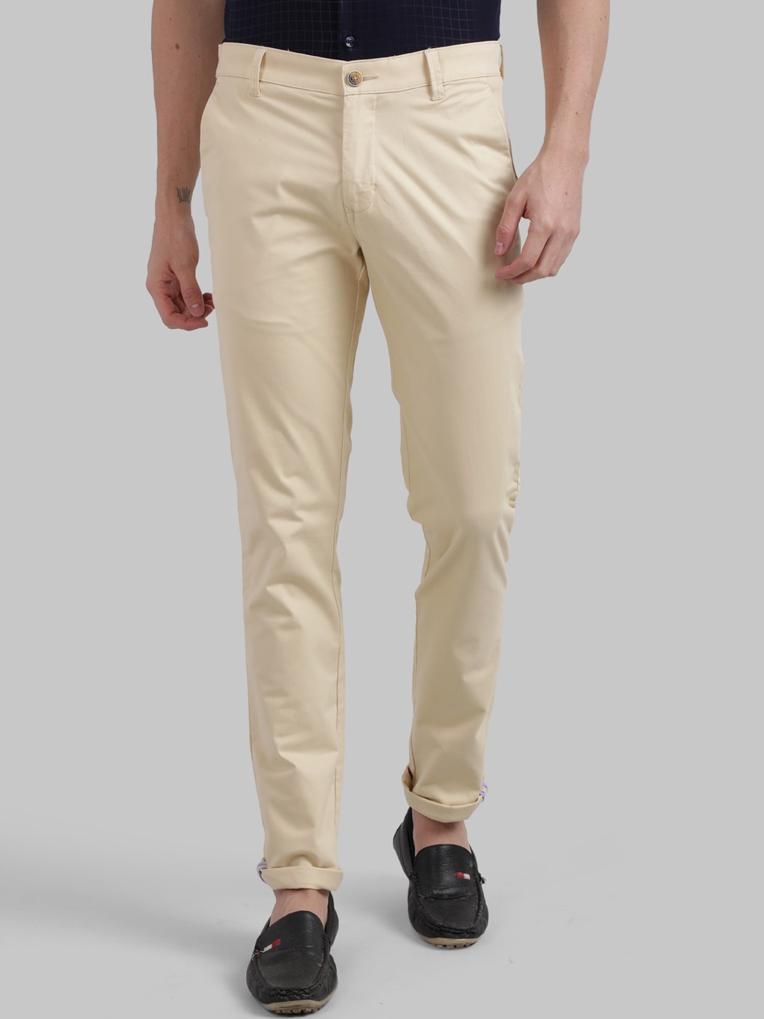 Parx Men Beige Skinny Fit Solid Regular Trousers