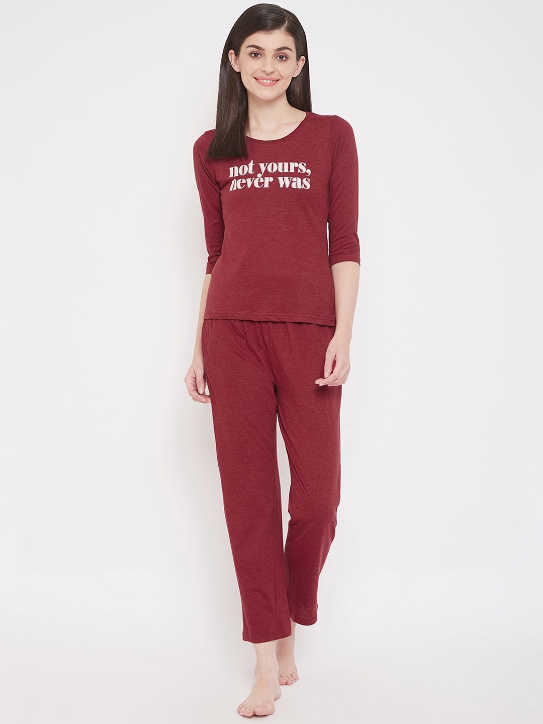 Clovia Women Maroon & White Solid Night Suit