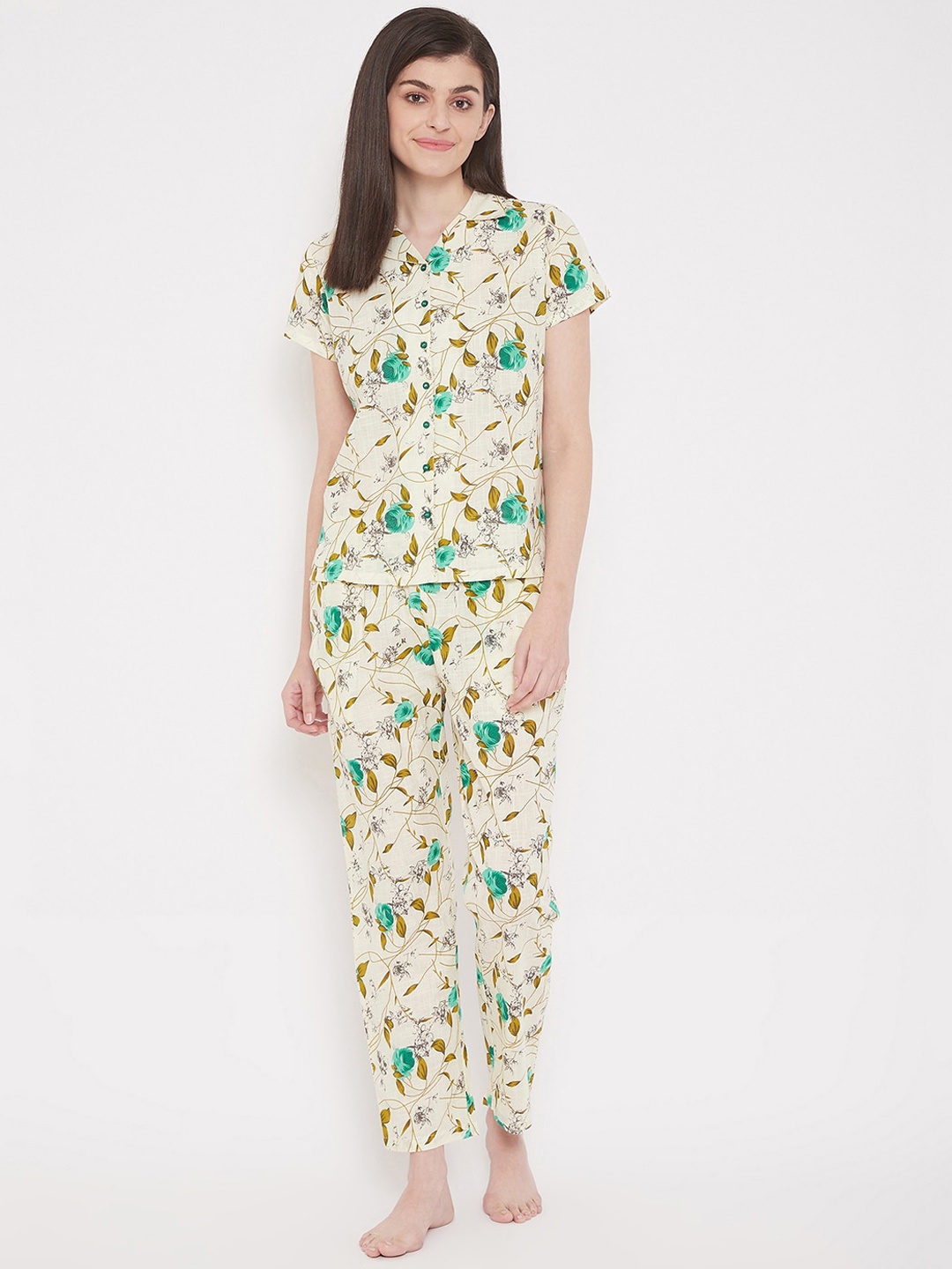 

Clovia Women Cream-Coloured & Green Printed Night suit