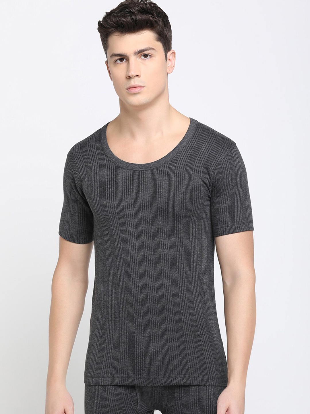 DIXCY SCOTT Men Charcoal Grey Striped Thermal T-shirt