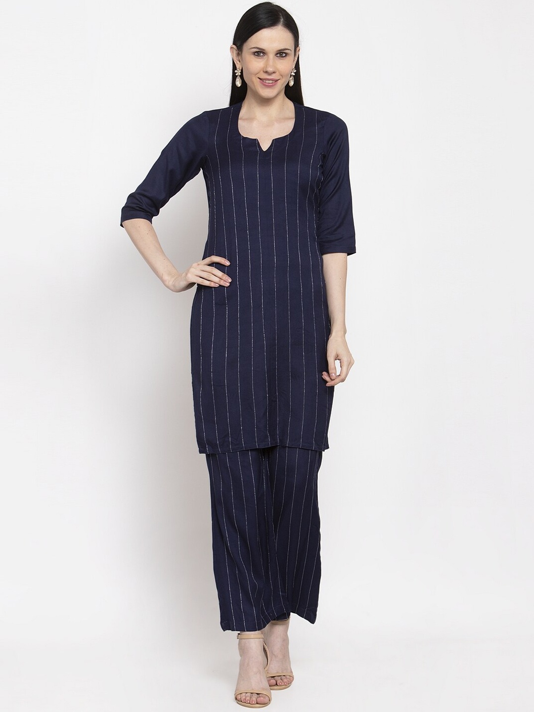 

DUGRI BE THE ONE Women Navy Blue Striped Kurta with Trousers